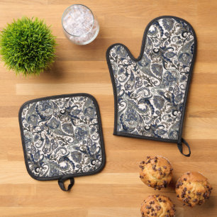 Chic dunkelblau weiß grau Paisley-Kunstmuster Ofenhandschuh & Topflappen-Set