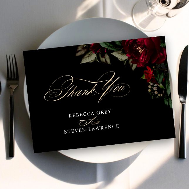 Chic dunkelgotisch grün rötlich-blumige Hochzeit Dankeskarte (Von Creator hochgeladen)