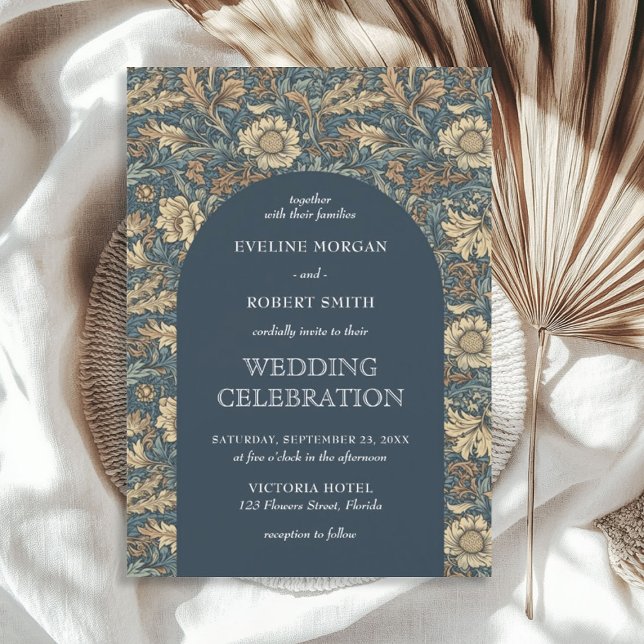 Chic dunkelpastellblau Elfenbein Blumenstrauß Juge Einladung (Chic dark pastel blue ivory floral Art Nouveau Invitation)