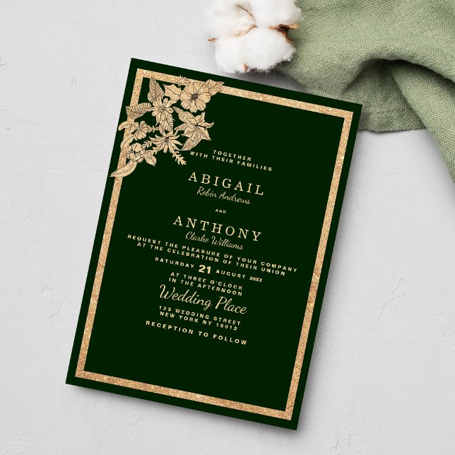 Chic dunkelwaldgrün Glitzer Blumenzange Einladung (Chic dark forest green gold glitterChic dark forest green gold glitter fl floral Wedding Invitation )