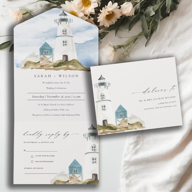 Chic Dusky Aqua Blauer Leuchtturm Hochzeit All In One Einladung (Von Creator hochgeladen)