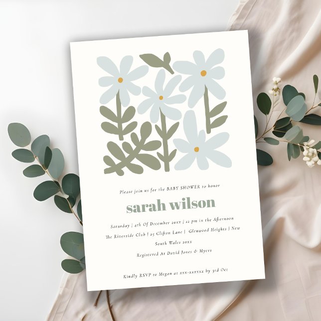 Chic Dusky Blue Retro Minimal Floral Baby Dusche Einladung (Von Creator hochgeladen)
