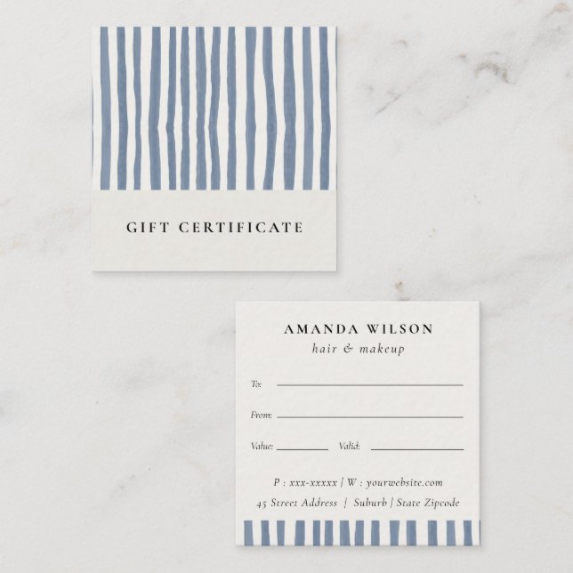Chic Dusky Blue Watercolor Strips Gift Certificate Quadratische Visitenkarte (Vorne/Hinten)