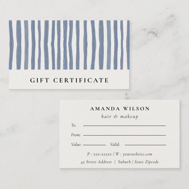 Chic Dusky Blue Watercolor Strips Gift Certificate Visitenkarte (Vorne/Hinten)