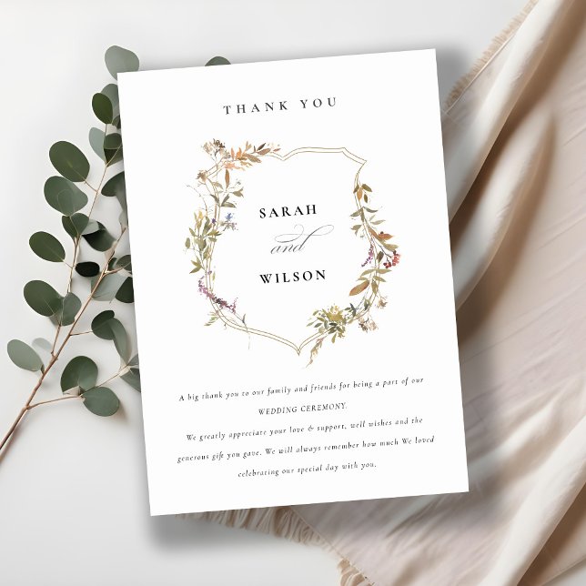 Chic Dusky Pink Blush Wildblume Wappen Hochzeit Dankeskarte (Von Creator hochgeladen)