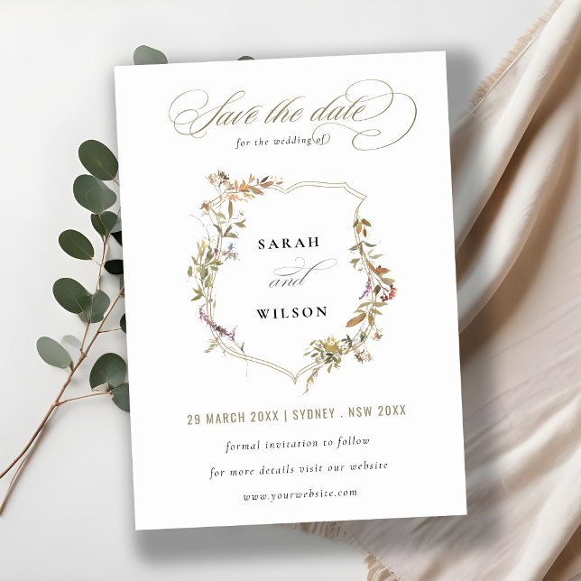 Chic Dusky Pink Blush Wildblume Wappen Hochzeit Save The Date (Von Creator hochgeladen)