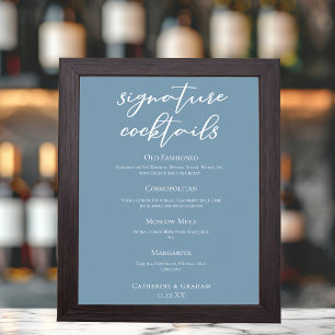 Chic Dust Blue Hochzeit Signature Cocktails Menü Poster