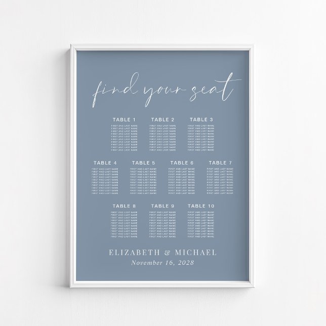 Chic Dusty Blue 10 Table Wedding Seating Chart Poster (Von Creator hochgeladen)