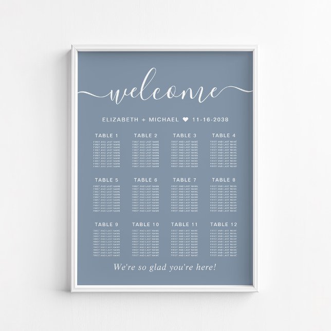 Chic Dusty Blue 12 Table Wedding Seating Chart Poster (Von Creator hochgeladen)