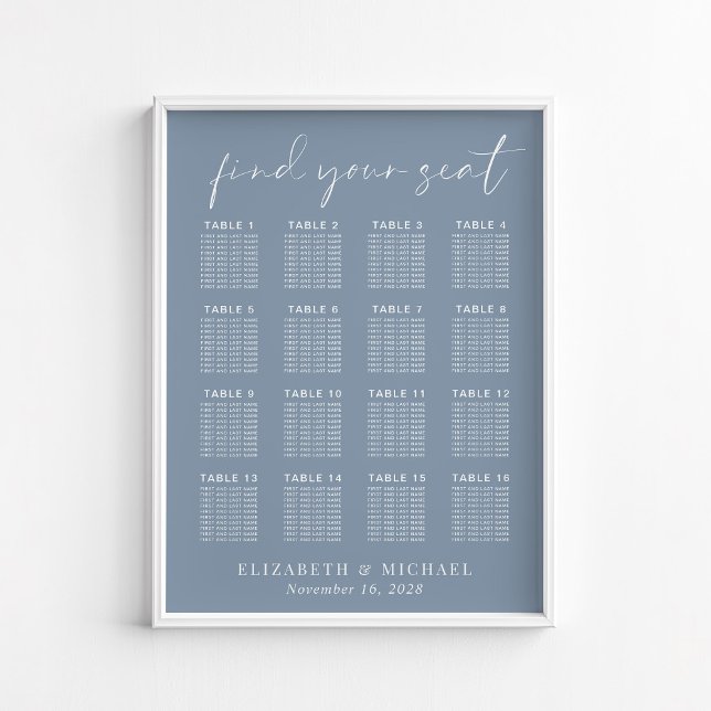 Chic Dusty Blue 16 Table Wedding Seating Chart Poster (Von Creator hochgeladen)