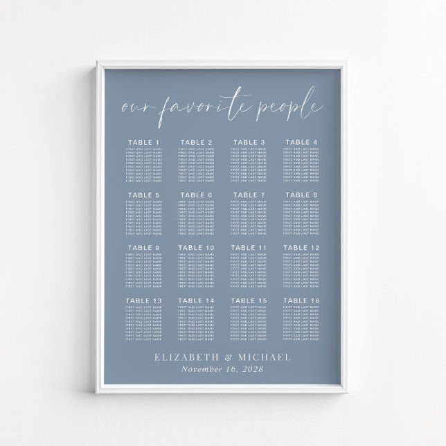 Chic Dusty Blue 16 Table Wedding Seating Chart Poster (Von Creator hochgeladen)