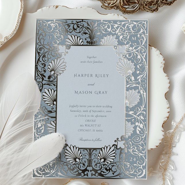 Chic Dusty Blue and Silver Foil Wedding Folieneinladung (Von Creator hochgeladen)