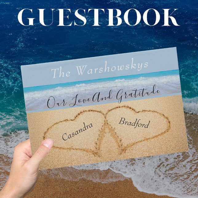 Chic Dusty Blue Beach Hochzeit 2 Herzen in Sand Gästebuch (Von Creator hochgeladen)