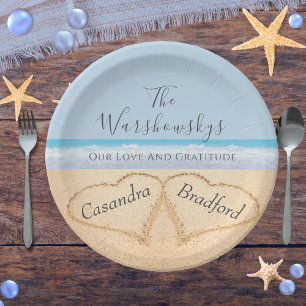 Chic Dusty Blue Beach Hochzeit 2 Herzen in Sand Pappteller