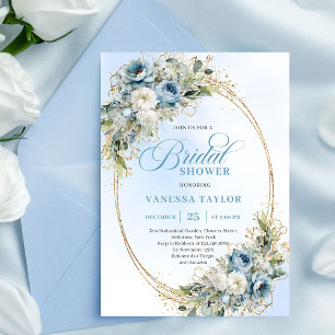 Chic Dusty Blue Blumen Goldene Hochzeitseinladung Einladung