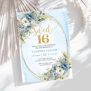 Chic Dusty Blue Blumen Sweet Sixteen Geburtstag Einladung