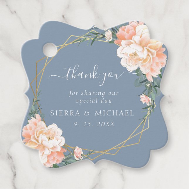Chic Dusty Blue Blush Peach Floral Wedding Geschenkanhänger (Vorderseite)