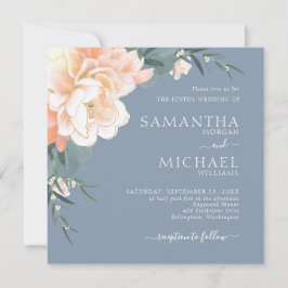 Chic Dusty Blue Blush Peach Gold Floral Wedding Einladung