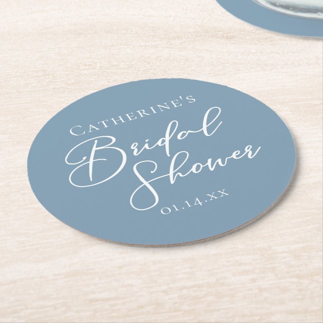 Chic Dusty Blue Bridal Shower Personalized Runder Pappuntersetzer (Angewinkelt)