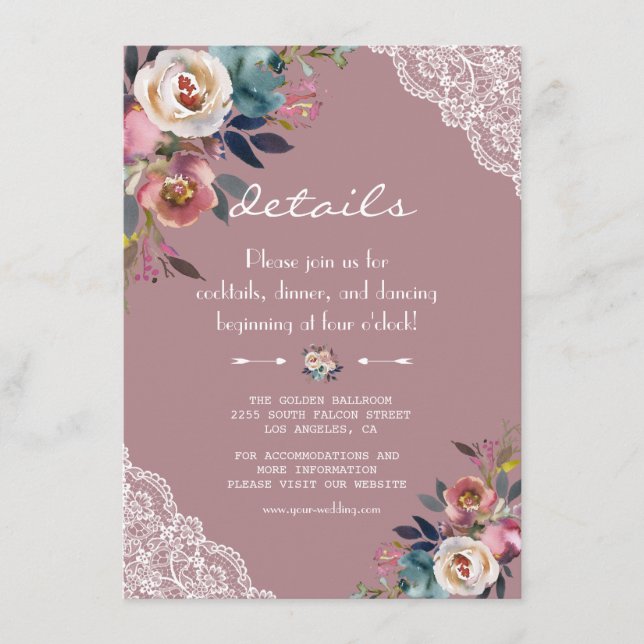 Chic Dusty Blue Dusty Rose Blume Hochzeiten Detail Begleitkarte (Vorderseite)