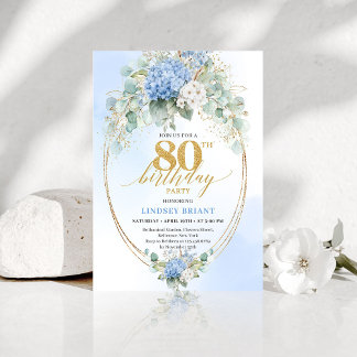 Chic Dusty Blue Eucalyptus 80th Birthday Invite Einladung