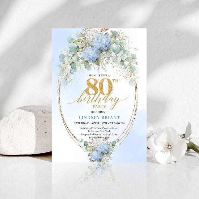 Chic Dusty Blue Floral Gold 80th Birthday Invite Einladung (Chic Dusty Blue Floral Gold 80th Birthday Invite)
