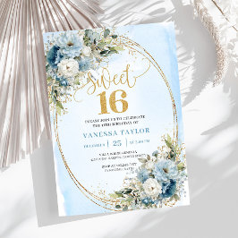 Chic Dusty Blue Floral Gold Sweet Sixteen Invite Einladung