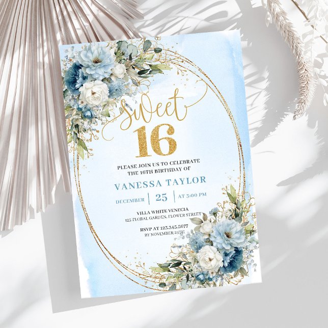 Chic Dusty Blue Floral Gold Sweet Sixteen Invite Einladung (Chic Dusty Blue Floral Gold Sweet Sixteen Invitation)