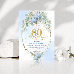 Chic Dusty Blue Florale Gold 80. Geburtstagseinlad Einladung