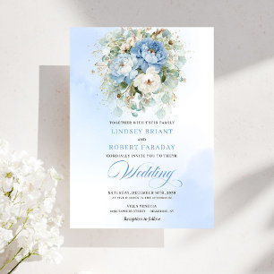 Chic Dusty Blue Florale Hochzeits-Einladung Digita Einladung