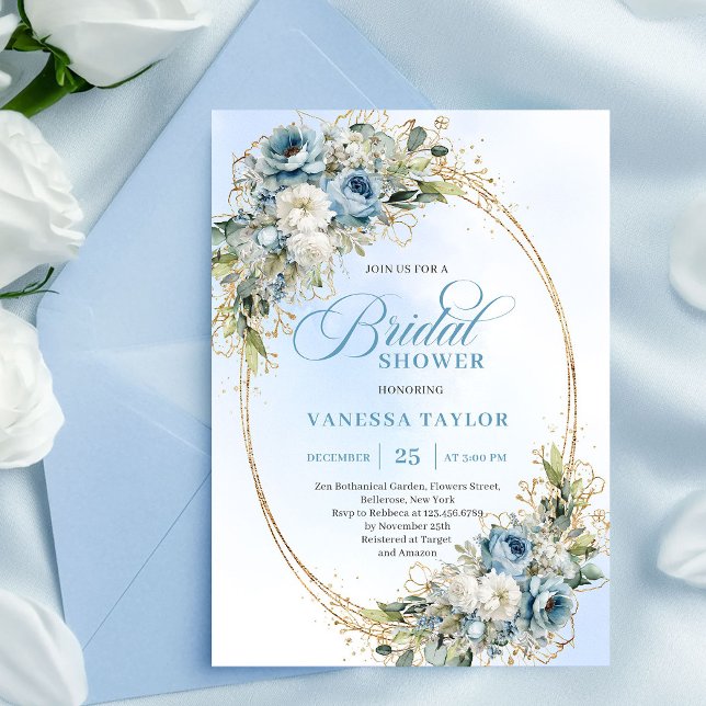 Chic Dusty Blue Flowers Gold Bridal Shower Invite Einladung (Chic Dusty Blue Flowers Gold Bridal Shower Invite)