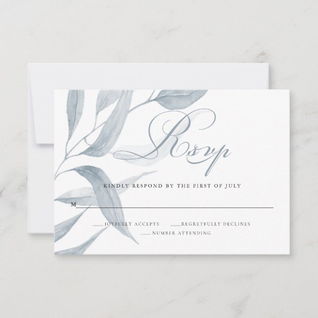 Chic Dusty Blue Foliage Wedding Response RSVP Karte (Vorderseite)