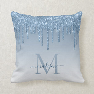 Chic Dusty Blue Glitzer Tropfens Glam Monogram Scr Kissen