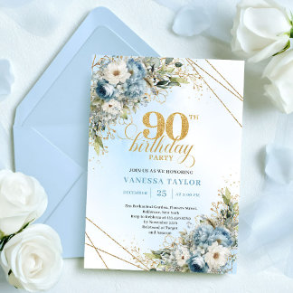 Chic Dusty Blue Gold Schriftzug 90. Geburtstagsein Einladung