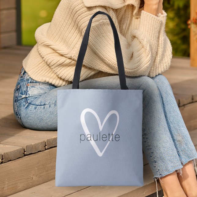 Chic Dusty Blue Heart Personalisiert (Heart Tote Bag by PartyInvitationShop.com)
