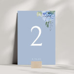 Chic Dusty Blue Hydrangea Wedding Tischnummer<br><div class="desc">Eine elegante und blumengeschmückte Tischnummer mit einer Tischnummer und optionalen Paarbezeichnungen sowie einem wunderschönen,  blauen Hydrangea-Design,  sowohl vorne als auch hinten. Text kommt in Weiß vor einem staubigen blauen Hintergrund. Personalisieren Sie diese Karte,  um sie zu Ihrem eigenen zu machen.</div>