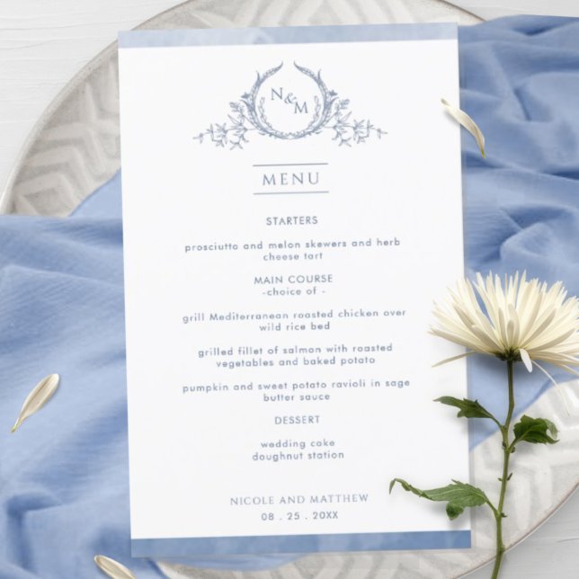 Chic Dusty Blue Monogram Watercolor Wedding Menu (Von Creator hochgeladen)
