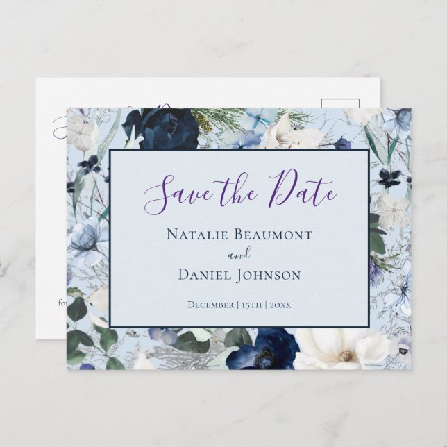 Chic Dusty Blue Navy Floral Save the Date Ankündigungspostkarte (Vorne/Hinten)