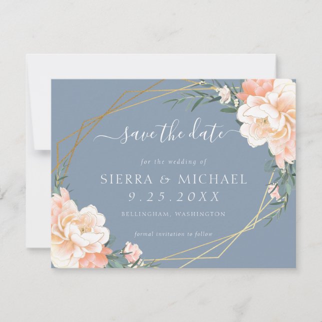 Chic Dusty Blue Peach Floral Gold Save the Date Ankündigung (Vorderseite)