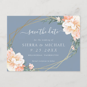 Chic Dusty Blue Peach Gold Floral Save the Date Ankündigungspostkarte