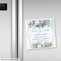 Chic Dusty Blue Peonies Gold Frame Save the Date