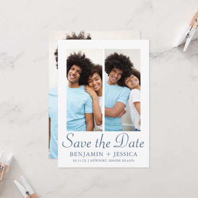 Chic Dusty Blue Script Foto Wedding Save the Date (Vorderseite/Rückseite Beispiel)