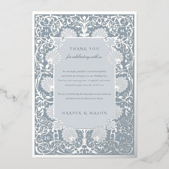 Chic Dusty Blue und Silver Foil Vielen Dank Folieneinladung (Vorderseite)