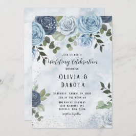Chic Dusty Blue Watercolor Floral Wedding QR Code Einladung