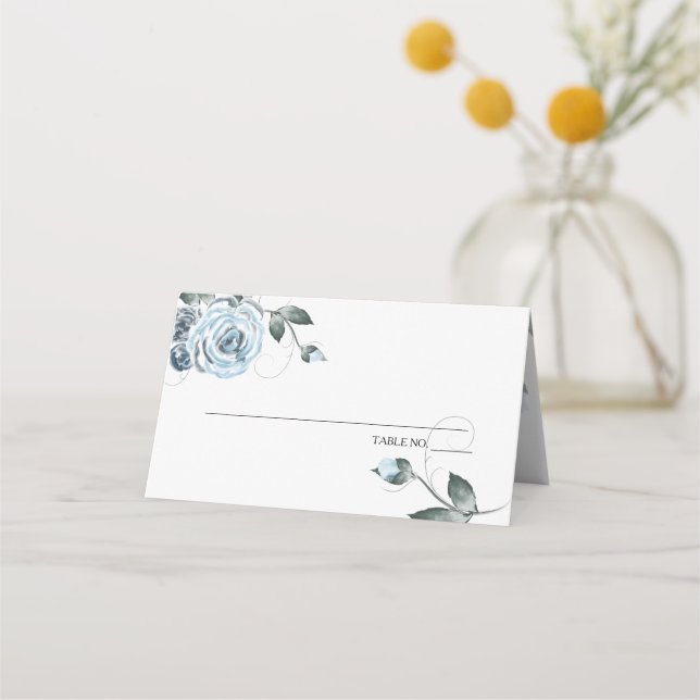 Chic Dusty Blue Watercolor Rose Platzkarte (Vorderseite)