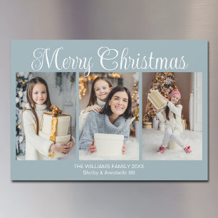 Chic Dusty Blue Weihnachten 3 Foto Magnetkarte