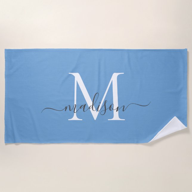 Chic Dusty Blue White Monogram Elegante Gray Scrip Strandtuch (Vorderseite)
