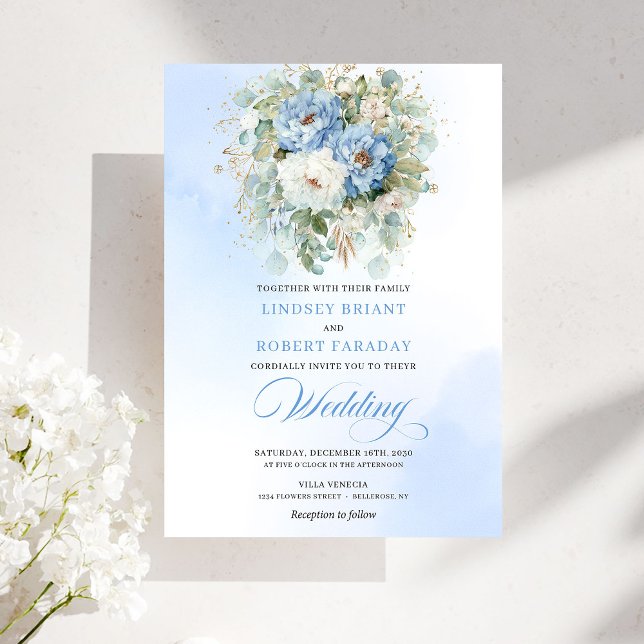 Chic Dusty Blue White Peony Eucalyptus Wedding  Einladung (Chic Dusty Blue White Peony Eucalyptus Wedding Invite

)