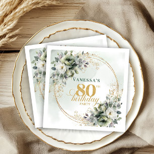 Chic Dusty Green Gold Laub 80. Geburtstag Serviett Serviette