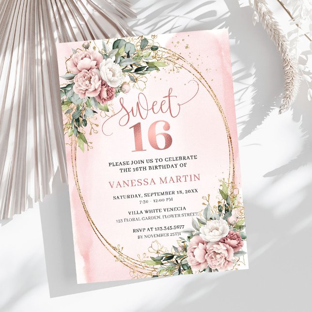 Chic Dusty Pink Blumen Eukalyptus 16. Geburtstag  Einladung (Chic Dusty Pink Flowers Eucalyptus 16th Birthday Invitation

)